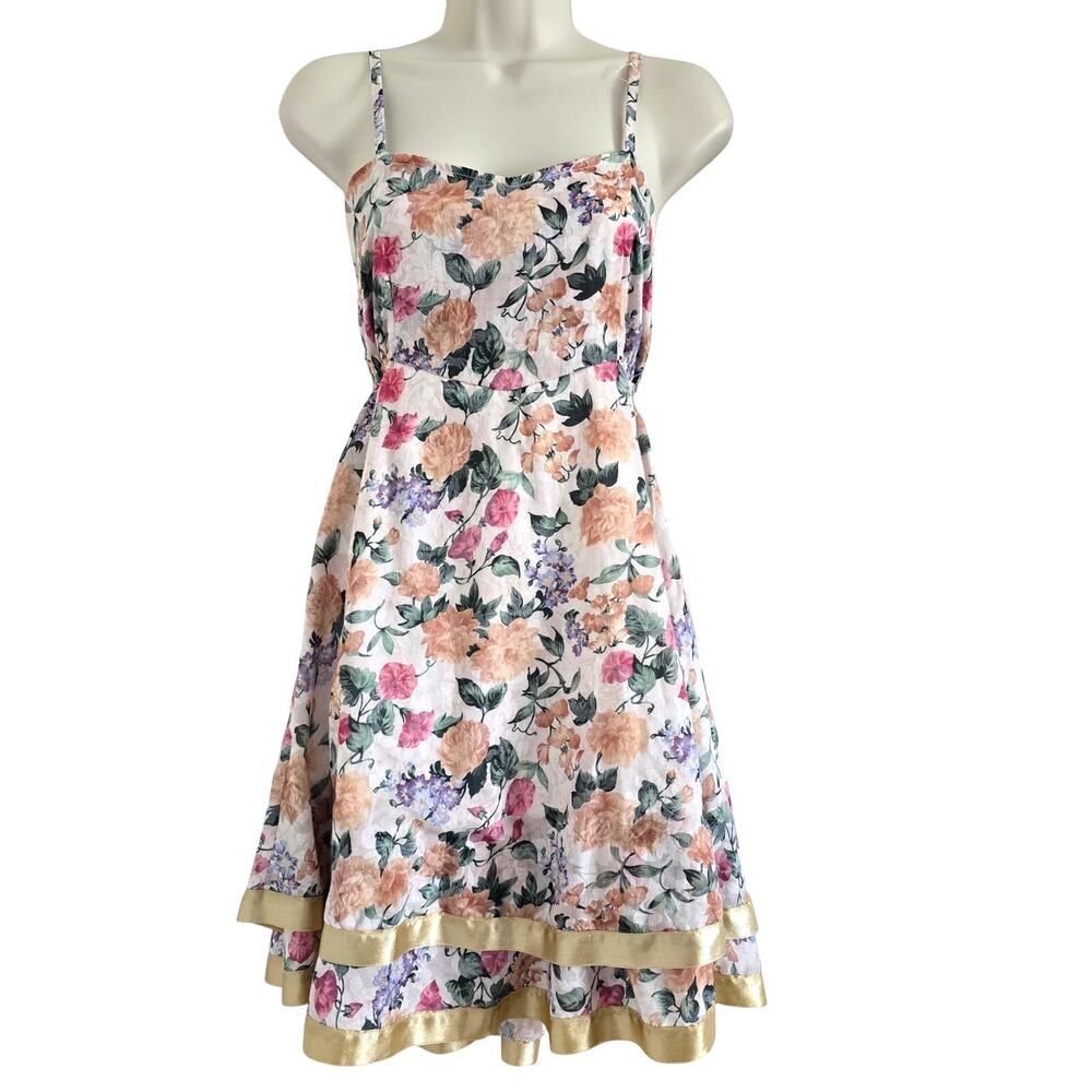 Nas Boutique Floral Mini Slip Dress Gold Satin Trim-S Y2K Cottagecore Coquette